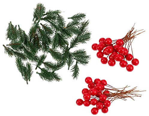 Super Idee 200 Kleine künstliche Tannenzweige und 200 Mini Artificial Beeren für Weihnachtsdekorationen Weihnachtskranz Adventsdeko Aussen Innen selber Machen Basteln Adventkranz Tischdeko (400)