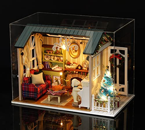 Kit De Maison De Poupée Miniature, DIY 1:24 Réaliste en Bois Mini 3D avec Meubles, Lumières LED, Décoration De Noël, Cadeau pour Enfants, Adolescents, Adultes (Holiday Time)