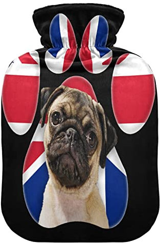 ALAZA Pug Dog Union Jack Hot Water Bottle with Cover 1L Transparent Hot Water Bag Hand Feet Warmer