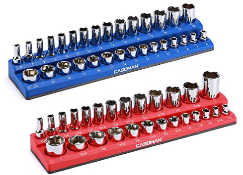 CASOMAN 2PCS 3/8-Inch Magnetic Socket Organizer, Holds 30 Metric & 26 SAE Sockets, Blue & Red, Magnetic Socket Holder