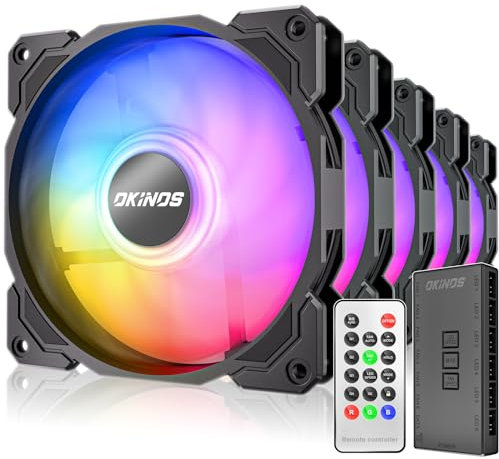 Okinos RGB Fans 5 Pack, 4-Pin PWM & 3-Pin Addressable RGB, 120mm Air Series Fans (Included ARGB Controller Hub & Remote)