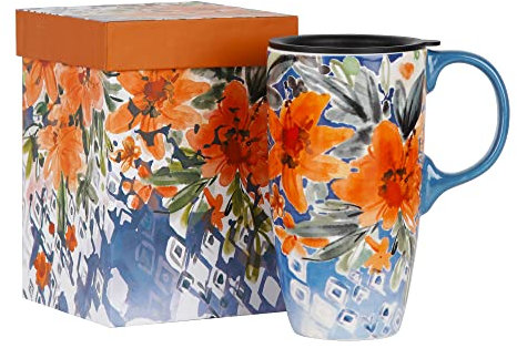 Topadorn Ceramic Travel Mug with Lid Coffee Mug with Gift Box Latte Mug Coffee Cup, 17oz Large Capacity Mug Home Office Gift, Orange Flower