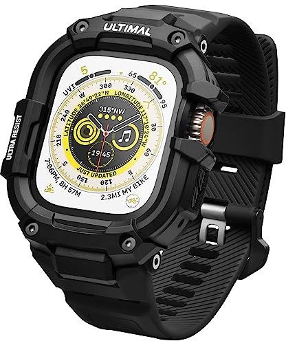 ULTIMAL Compatible with Apple Watch Strap Ultra 2/1 49mm, Rugged Military Grade Protective Bumper Cover, Adjustable Case with Band for iWatch Strap Men (49mm, Black)