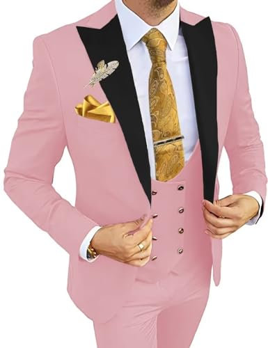 3 Pezzi Abito da Uomo Slim Fit Doppio Petto - Blazer, Gilet, Pantaloni - Abito da Ballo e Sposa, B Rosa, S