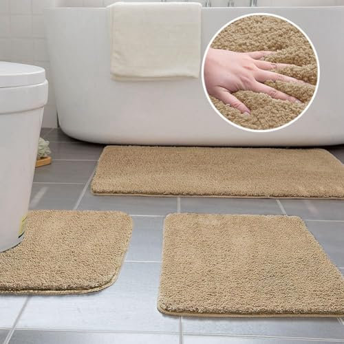 Ceneco Badezimmerteppich Set 3 Teilig, Badematte rutschfest Waschbar, Mikrofaser Badvorleger Set, Saugfähige Badteppich+Klein Badematten+U-Form Toilettenmatte(Beige,U40x50_50x60_50x80cm)