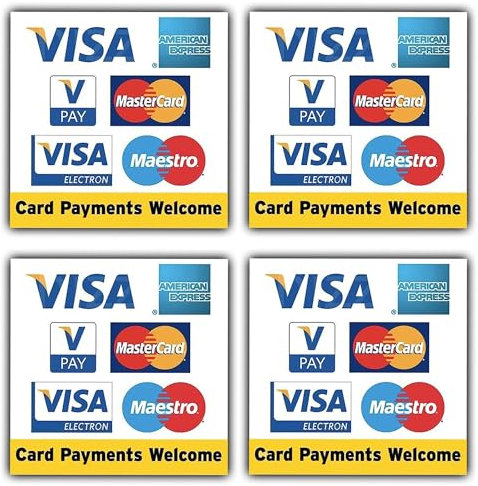 Vinyl-Aufkleber-Set mit Kreditkarten-Akzeptierung, Visa, American Express, Vpay, MasterCard, Electron, Maestro, wasser- und wetterfest, langlebig, 100 mm x 100 mm, 4 Stück