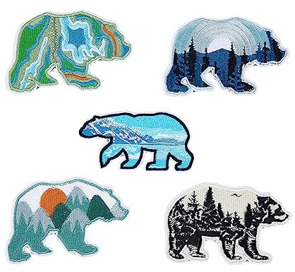 HOBBIESAY 5 Stück Eisbär Applikationen Zum Aufbügeln In 5 Stilen Wildtiere Abzeichen Aufnäher Emblem Computergesteuerte Stickerei Stoffflicken Für Westen Jacken Kleidung Hüte Rucksäcke
