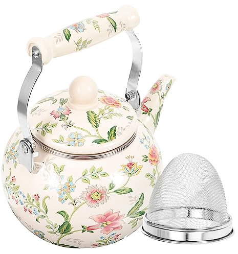 WOONEKY Bollitore smaltato caffettiera teiera smaltata decorazione di fiori arredamento d'epoca filtro teiera di grande capacità bollitore per tè e caffè Alta capacità stufa