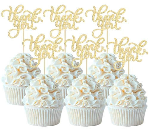 24Pcs Thank You Cupcake Toppers Gold Glitter Thankful Cupcake Pick Decorations for Birthday Anniversary Thanksgiving Day Wedding Bridal Shower Party Cake Decorations Supplies