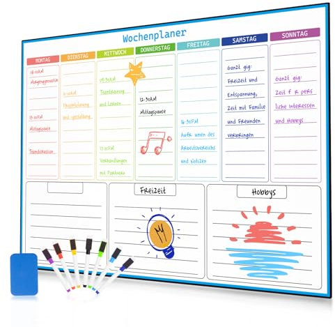 damoguin Abwischbar A3 Wochenplaner Magnetisch für den Haushalt, Einkaufslisten, Essensplaner Woche und Putzplan, Magnettafel Kühlschrank Whiteboard mit 7 Marker und 1 Radierer