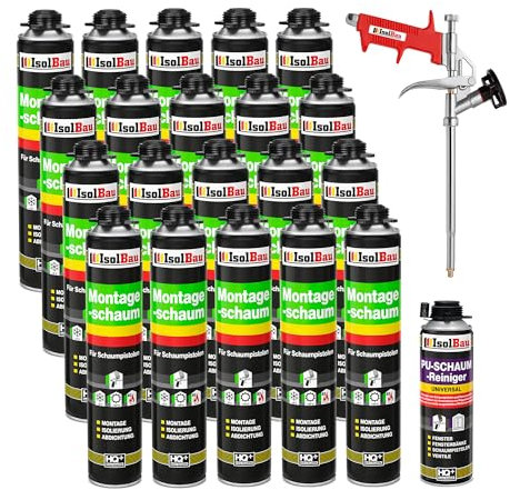 Isolbau Bauschaum-Set - Inkl. 20 x 1K Montageschaum B2 Pistolenschaum mit hervorragender Schall und Wärmedämmung (je 750 ml), 1 x PU-Schaum-Reiniger (500 ml) & 1 x Schaumpistole, Verfüllen