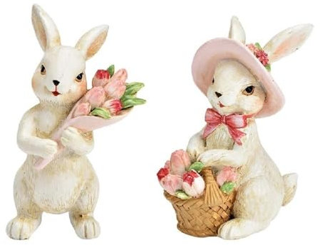 Miss Lovely Deko-Figuren Hasen-Paar mit Tulpen Hasen-Junge & Hasen-Mädchen mit Korb in Creme weiß & rosa Oster-Fest nostalgische Oster-Dekoration traditionelle Oster-Hasen Frühling & Ostern 2 STK