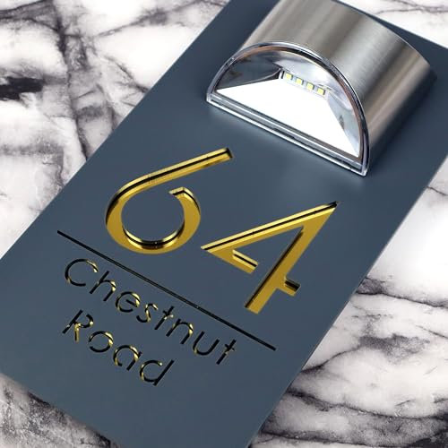 K Smart Sign | Bellissima LED F31 | Solar Light House Signs Door Number Plaques With Light Name Plaques For Wall (Matt Grey & Gold Mirror)