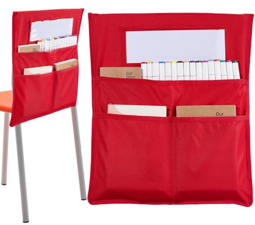 CRASPIRE Chair Buddy Storage Pocket 19 x 16.5in Chair Back Organizer Chart Red with Name Tag Label Slot Students Seat Chairback Multiple Pockets for School Home Classroom Preschool Daycare Supplies