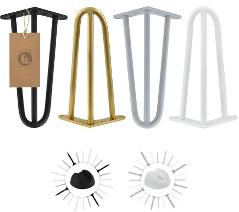 Moria Hairpin Leg 4 Stück | Möbelfüße, Tischbeine von 10 bis 80 cm | für Schrank, Hocker, Nachttisch, Couchtisch | Tischfüße mit Bodenschoner und Schrauben | 36 cm - 3 Streben (Metall, Gold)