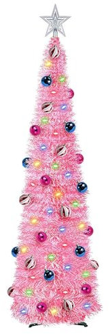 5Ft/ 1.5m Pop Up Tinsel Christmas Tree, Collapsible Artificial Christmas Tree with 100LED Lights and 30 Color Balls, Large Sequins Pencil Xmas Tree for Party Carnival Decorations (Pink with Balls)