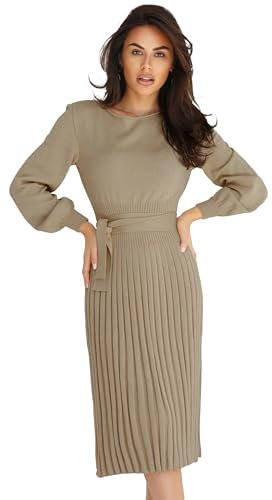 Ever-Pretty Vestito Maglioni Donna Abito Casual a Maniche Lunghe Invernali Elegante Abito in Maglia Midi Abito con Cintura Pullover Elasticizzato Autunno Cachi XL
