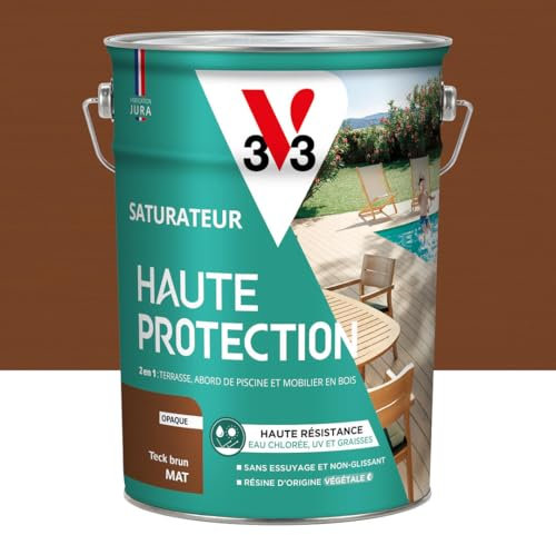 V33 Saturateur bois extérieur Bois grisé mat - Pour terrasses et mobilier de jardin - Haute résistance eau chlorée, UV et graisse - Sans essuyage et non glissant - Résine d'origine végétale - 5L