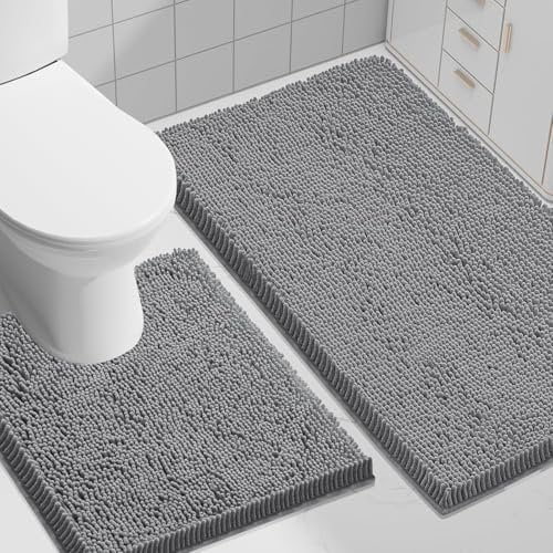 wyewye Bath Mat 2 Piece, Chenille Bathroom Mat, Extra Soft mat Non-slip,Super Absorbent Fluffy and Shaggy Bath Mats for Bathroom,Machine-Washable Quick Dry Bath Rug Foot Mat，Dark Grey