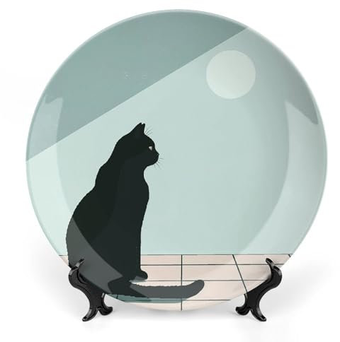 VFMNT Assiette décorative en porcelaine anglaise avec motif chat noir assis de 15,5 cm - Assiettes à dessert pour cuisine, salade, décoration de table