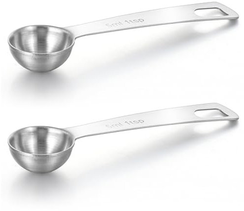 Lot de 2 cuillères à mesurer en métal (1 cuillère à café | 1/3 cuillère à soupe | 5 cc | 1/6 oz) avec long manche cuillère à café simple en acier inoxydable pour café, thé, protéines, épices, poudres