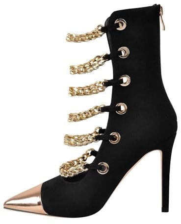 SofLuxe Stivali con Tacco a Spillo a Punta, Stivali Neri in Pelle Scamosciata, Decorazione con Catena in Metallo,Black,38