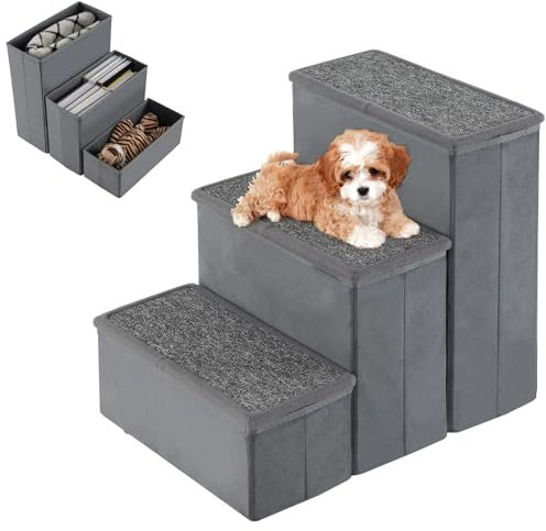 SOARS Hundetreppe faltbar, Haustiertreppe mit Stauraum, rutschfeste Hunderampe Katzentreppe bis 50 kg belastbar, Tiertreppe für Bett, Sofa (Grau, 38 x 51 x 45 cm, 3)