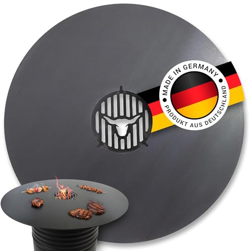 Feuerplatte Komplette Grillfläche 90cm INKL. Grilleinsatz – 10mm Stärke – Grillplatte für Feuertonne & Feuerschale – Plancha Grillring für BBQ & Teppanyaki - Massive Stahlplatte #591