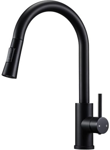 Sistaby Matt Black Kitchen Taps with Pull Out Spray Stainless Steel Single Lever Kitchen Mixer Taps 1 Hole 2 Function 360° Swivel Sink Mixer Tap Modern Faucet