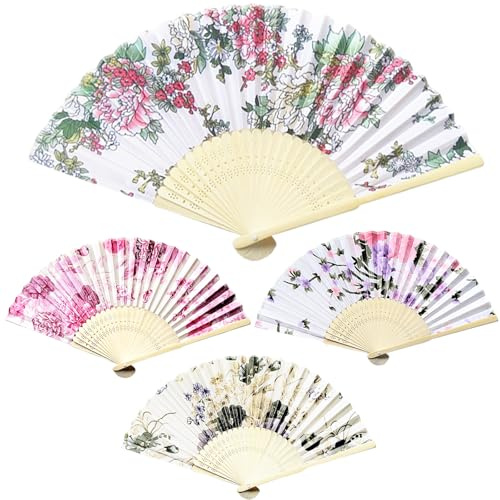 FOSDICK 4 PCS Hand Fan Folding, Silk Fabric Hand Fans for Women Folding, Handheld Fan, Chinese Style Bamboo Fans for Wedding, Preference, Performance, Dancing,Home Decoration