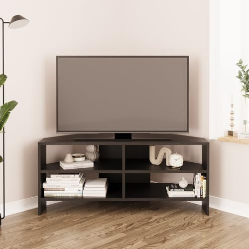 Bimossa Roy Corner TV Stand – Space-Saving TV Unit for 43–48'' TVs, Compact Media Console with Open Shelves & Cabinet, Ready to Assemble, (Black)
