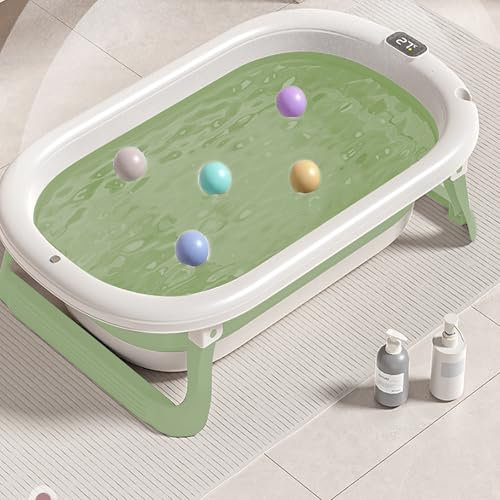 Baignoire Pliable Bébé avec Coussin de Bain, Baignoire Bebe avec Thermomètre de Voyage Numérique Portable,Essentiel pour Les Nourrissons de 0 à 36 Mois,B-43 * 71 * 18,5 cm (vert)