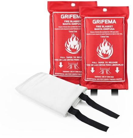 GRIFEMA Fire Blanket for Kitchen Pack of 2, Fire Blanket 1 x 1 m, Fire Protection Blanket with Quick Release - Ideal for Household, Barbecue, Fireplace, Car, Office & Warehouse, GA3002