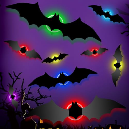 GoldRock 28 Stk 4 Größen 3d Fledermaus Deko Led Halloween Sticker,Groß Halloween Deko Fledermäuse Aufkleber,Gothic Fledermaus Sticker Dekorationen,Helloween Bats Led Lichter Bunt für Fenster, Tür,Wand