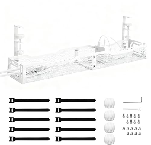 SUNNYNEST Under Desk Cable Management Tray No Drill, Metal Mesh Cable Management Under Desk with Clamp Mount, Wire Management Tray, Cord Organizer for Home, Office, Internet Cafe (White)