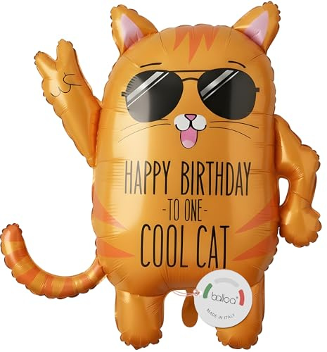 balloa Folienballon Coole Katze Happy Birthday, XXL Partydeko, 63 cm | Coole Katze mit Sonnenbrille und Happy Birthday Spruch, XXL Tierform, heliumgeeignet, ungefüllt, humorvolle Partydeko