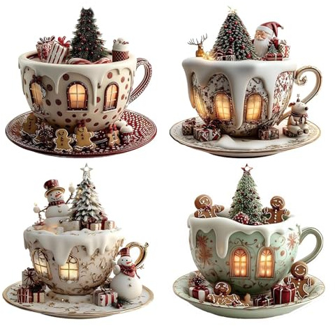 Ihdjasg 4 Stück Kaffeetassen Weihnachtskugel, 2D Acryl Schnee Haus Anhänger, Moderne Weihnachtsschmuck, Kaffeehausförmiger Schneehaus Anhänger Für Auto Innenraum
