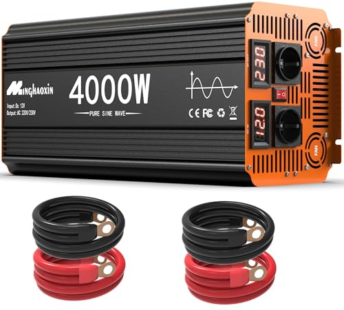 4000W Convertisseur 12V 220V Pur Sinus Onduleur Transformateur Pure 2 Prises EU 8000W Puissance pour la Maison, RV, Camion, Hors réseau Solaire