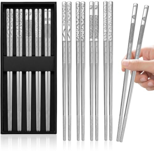 Jiaoshou Pan 5 Pares Palillos de Acero Inoxidable, Palillos Chinos | Aptos para Lavavajillas y Reutilizables, Antideslizantes en Caja de Regalo para Sushi Ramen Arroz Fideos (Acero Inox B)