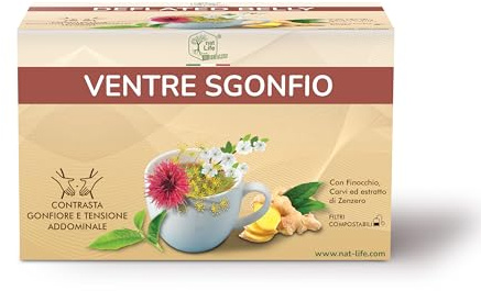 Nat Life Tisana Ventre e Pancia Sgonfia con Finocchio, Carvi ed Estratto di Zenzero - Contrasta Gonfiore e Tensione Addominale - Senza Zucchero, 100% Naturale, 15 bustine termosaldate biodegradabili