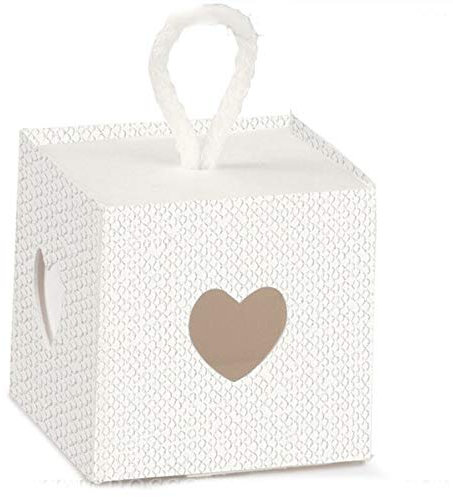 Schachtel GASTGESCHENK für confettate Karton weißForm quadratisch mit Schlitz HerzZentrum, Topflappen oben in weißer Kordel (8 x 8 x 8 cm) – Geschenke Geburt, Taufe, Kommunion, Konfirmation,