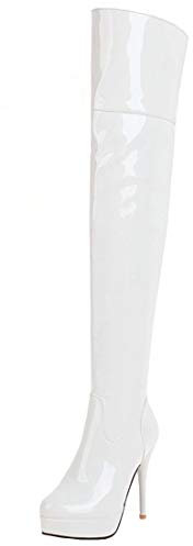 LUXMAX Donna Stivali sopra al Ginocchio Tacco a Spillo Alto Plateau Scarpe di Vernice con Cerniera (Bianco) - 46 EU