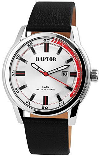 Raptor Herren-Uhr Echt Leder Armband Leuchtende Zeiger Analog Quarz RA20287 (schwarz/silberfarbig)