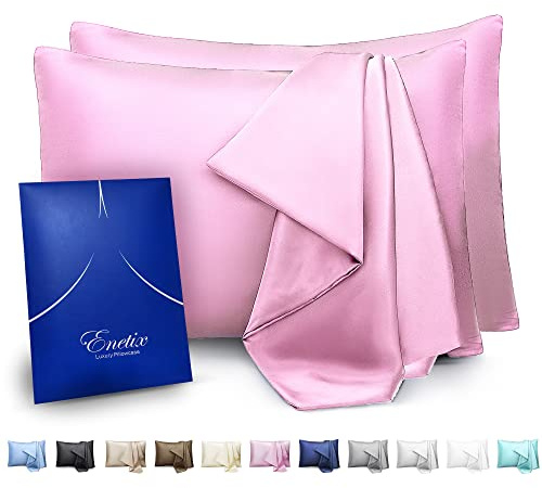Enetix Silk Satin Pillowcase for Hair and Skin, 2-Pack with Gift Package, Acne Free Hidden Zipper Pillow Cover (Standard (50 x 75cm), Rose)