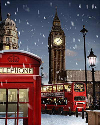 YEESAM ART DIY Ölgemälde Malen nach Zahlen Erwachsene Kinder, Straßenansicht von London Big Ben im Schnee Zahlenmalerei ab 5 Öl Wandkunst
