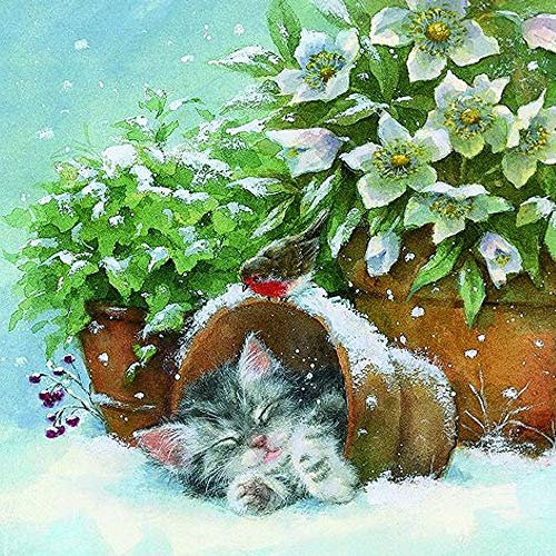 linoows 20 Servietten Weihnachten, Weiße Christrosen und schlafendes Kätzchen 33x33 cm