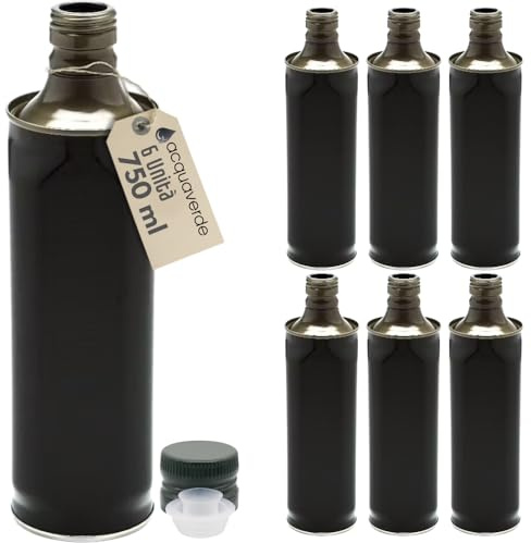 acquaverde | 6 Bottiglie in Latta 750 ml per Olio di Oliva, Contenitore Alimentare Verde, Design Squadrato, Incluso Tappo Prefilettato in Metallo con Salvagoccia