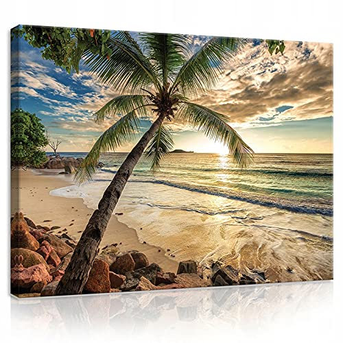 WallArena - Leinwand Bilder - Meer Strand Palmen Tropisch - 100x75 cm Leinwandbilder - Bild auf leinwand - Wandbild XXL groß Wandbilder für Wohnzimmer Schlafzimmer Wohnzimmerbilder Modern