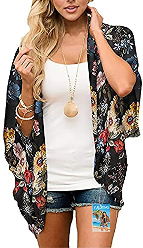 YULOONG Damenmode Bademode Vertuschung Chiffon Blumendruck Kimono Lose Schal Strickjacke Sommer Bluse Bademode Capes,Schwarz C,3XL