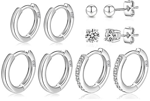 MOROTOLE 4 Paar kleine Creolen für Damen 925 Silber Post Huggie Set 18 Karat Gold/Silber Creolen Schläfer Ohrringe für Mädchen Mehrere Piercings Kleine Kugelohrstecker